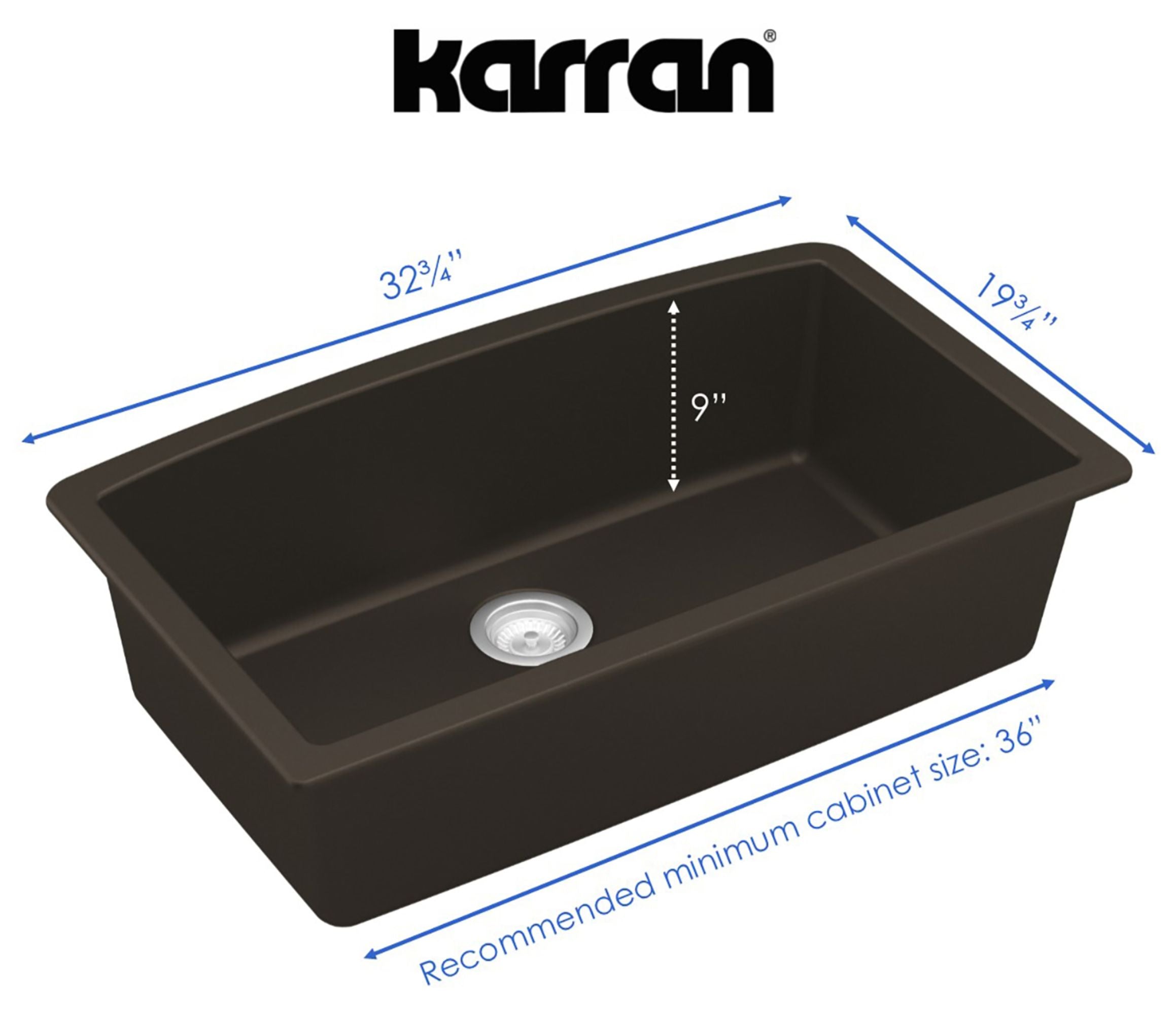 Karran 32" Undermount Quartz Composite Kitchen Sink, Brown, QU-712-BR-PK1