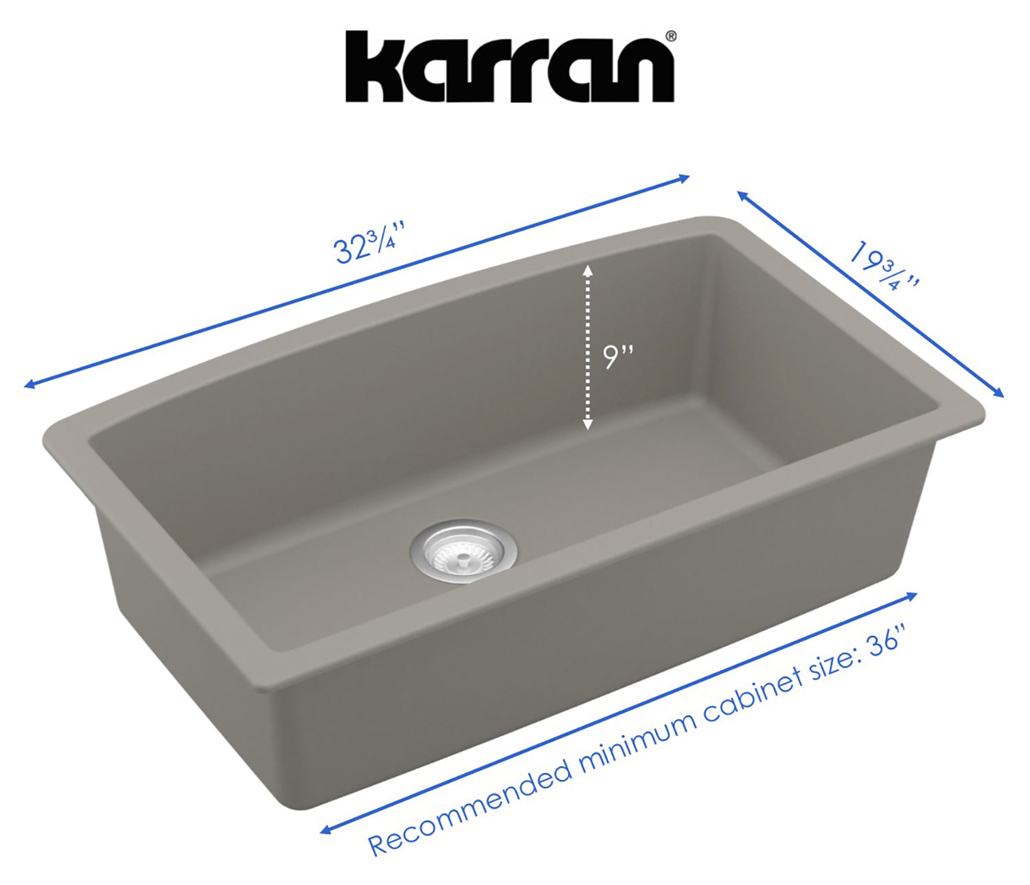 Karran 33" Undermount Quartz Composite Kitchen Sink, Concrete, QU-712-CN