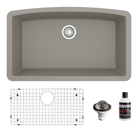 Karran 32" Undermount Quartz Composite Kitchen Sink, Concrete, QU-712-CN-PK1