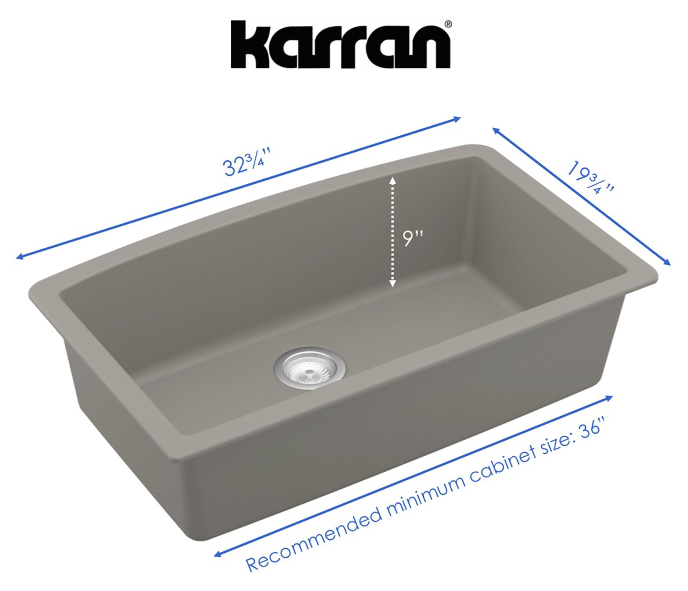 Karran 32" Undermount Quartz Composite Kitchen Sink, Concrete, QU-712-CN-PK1