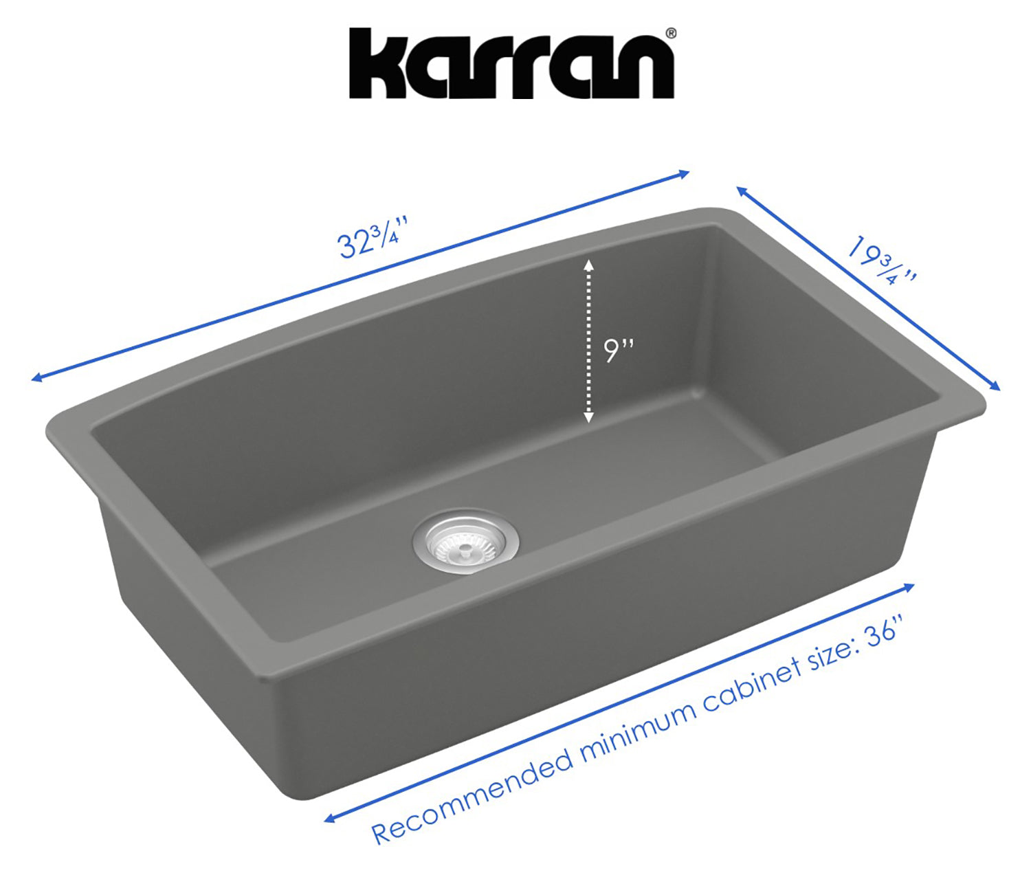 Karran 33" Undermount Quartz Composite Kitchen Sink, Grey, QU-712-GR