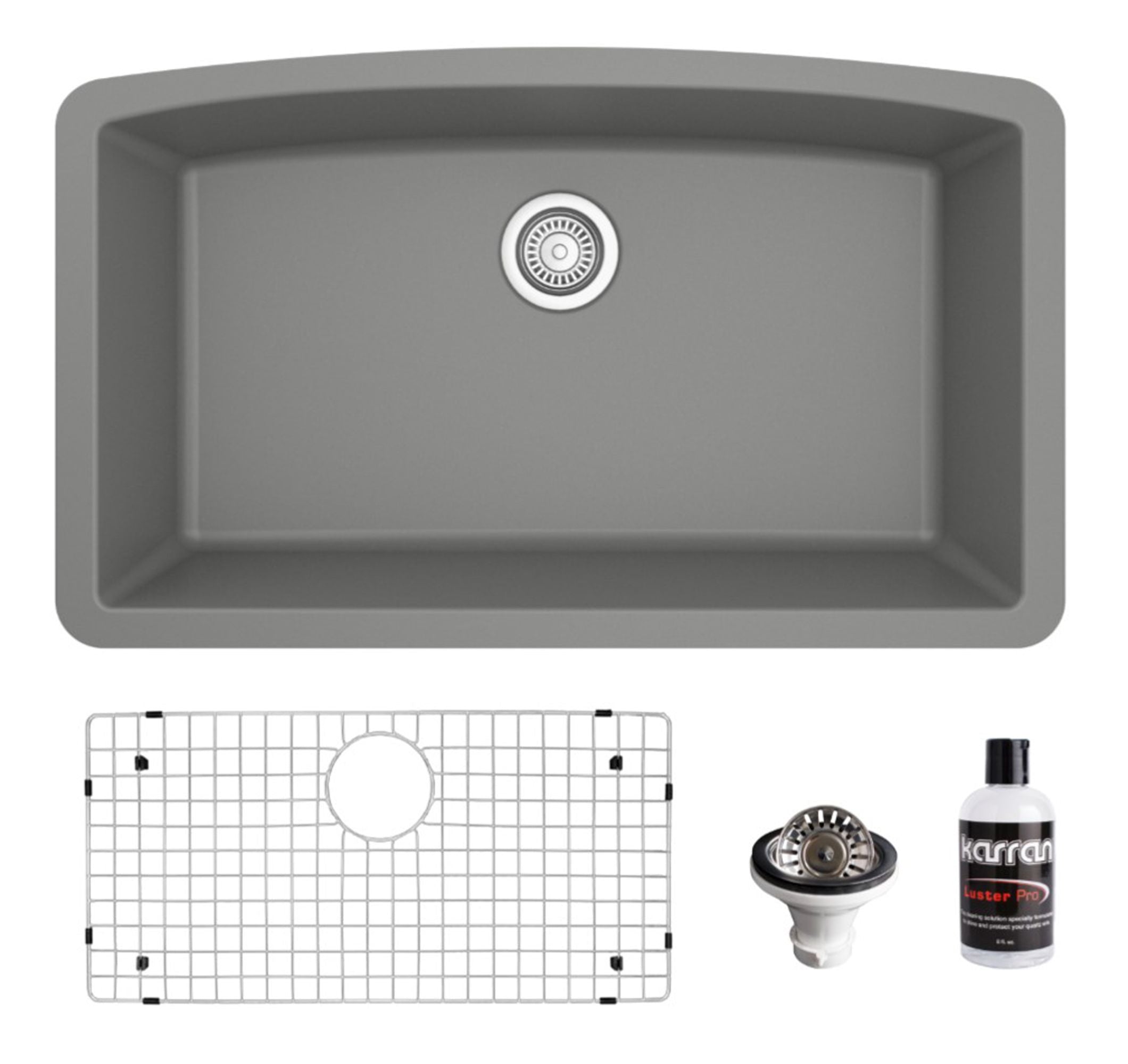 Karran 32" Undermount Quartz Composite Kitchen Sink, Grey, QU-712-GR-PK1