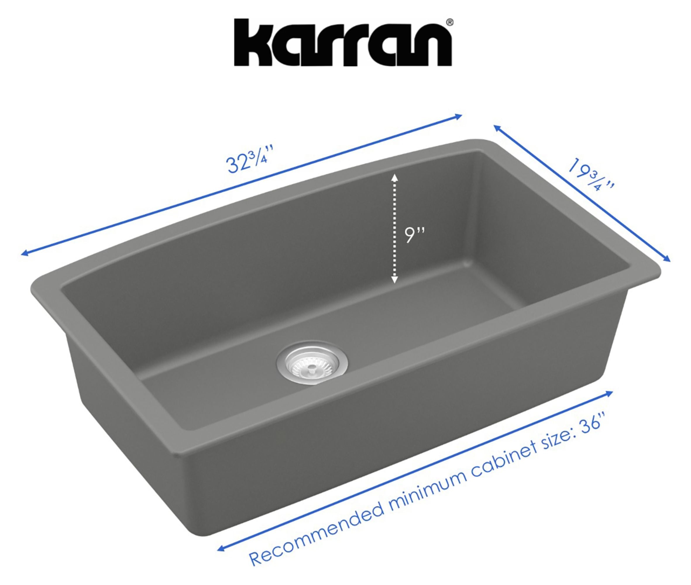 Karran 32" Undermount Quartz Composite Kitchen Sink, Grey, QU-712-GR-PK1