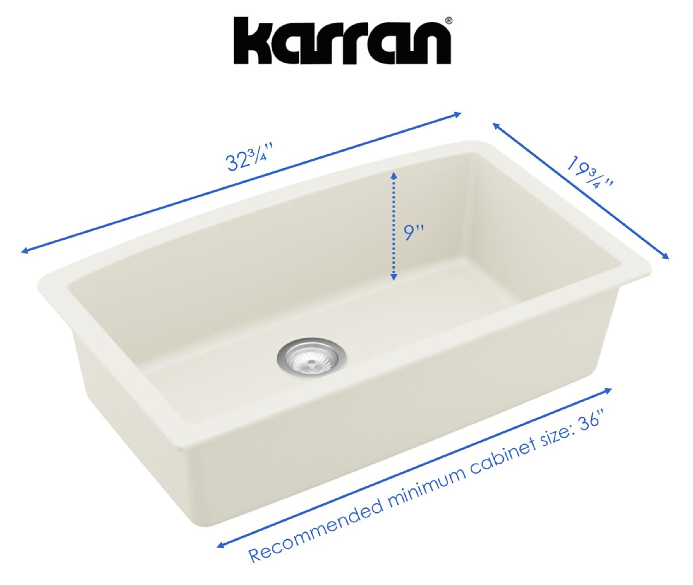 Karran 32" Undermount Quartz Composite Kitchen Sink, White, QU-712-WH-PK1