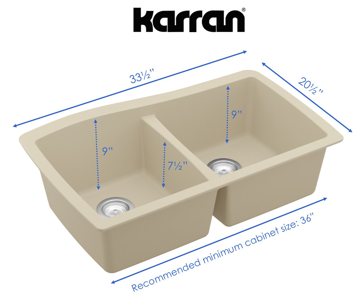 Karran 34" Undermount Quartz Composite Kitchen Sink, 50/50 Double Bowl, Bisque, QU-720-BI