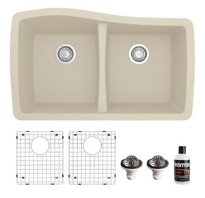 Alternate Image for Karran 34" Undermount Quartz Composite Kitchen Sink with Accessories, 50/50 Double Bowl, Bisque, QU-720-BI-PK1