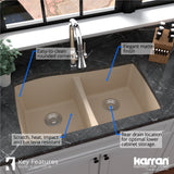 Karran 34" Undermount Quartz Composite Kitchen Sink with Accessories, 50/50 Double Bowl, Bisque, QU-720-BI-PK1