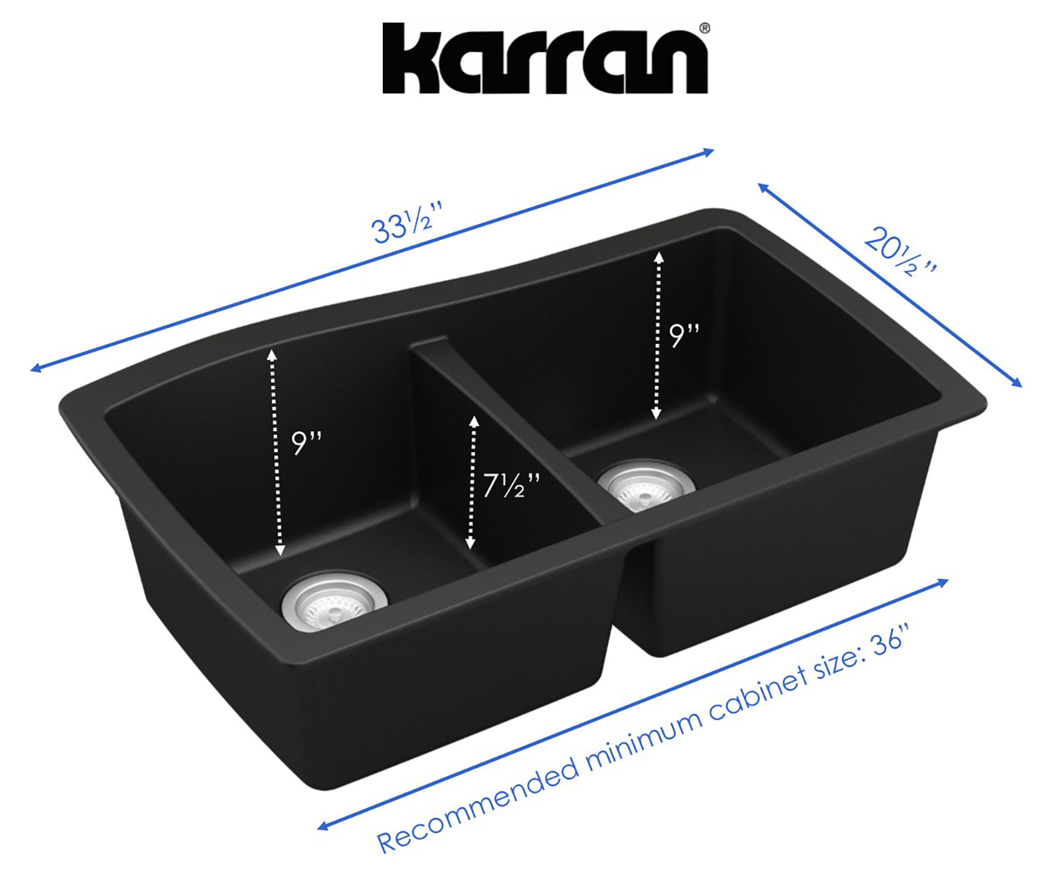 Karran 34" Undermount Quartz Composite Kitchen Sink, 50/50 Double Bowl, Black, QU-720-BL