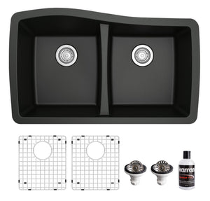 Alternate Image for Karran 34" Undermount Quartz Composite Kitchen Sink with Accessories, 50/50 Double Bowl, Black, QU-720-BL-PK1