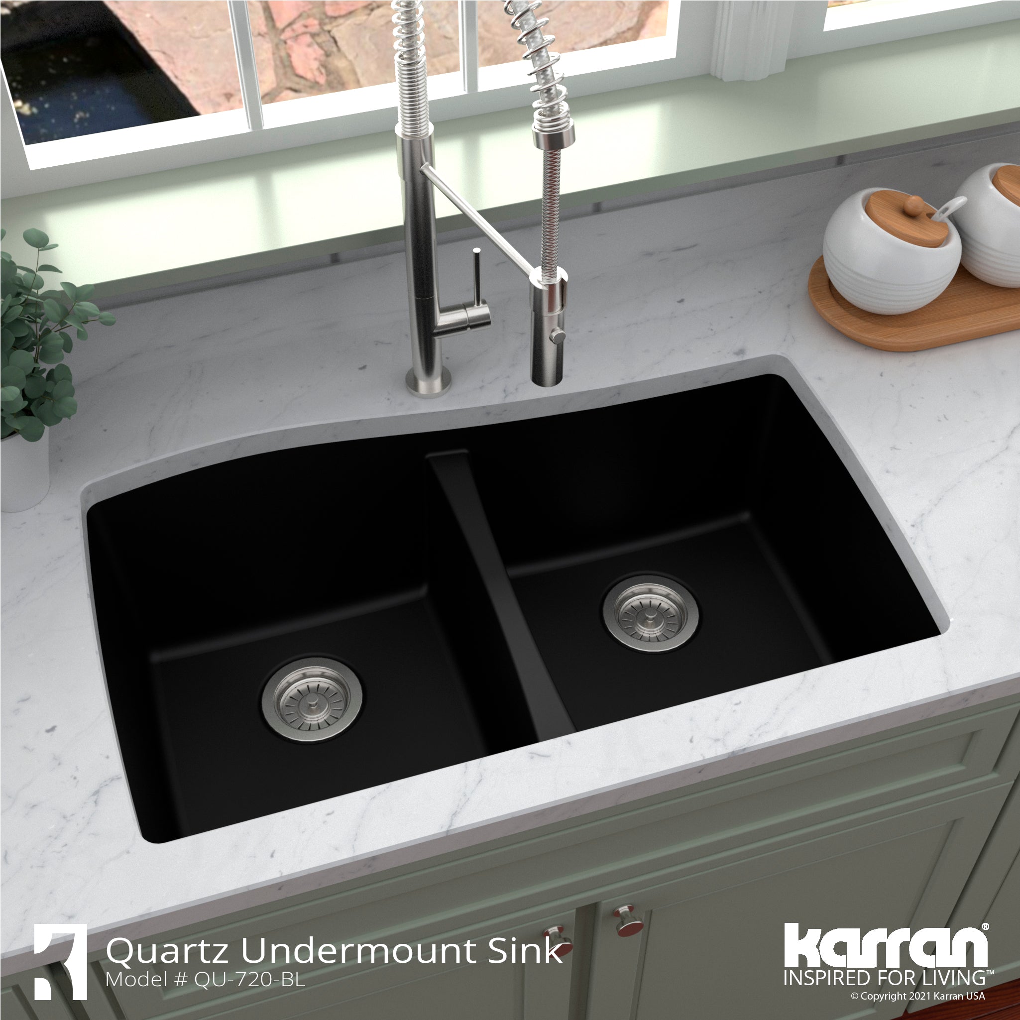 Karran 34" Undermount Quartz Composite Kitchen Sink with Accessories, 50/50 Double Bowl, Black, QU-720-BL-PK1