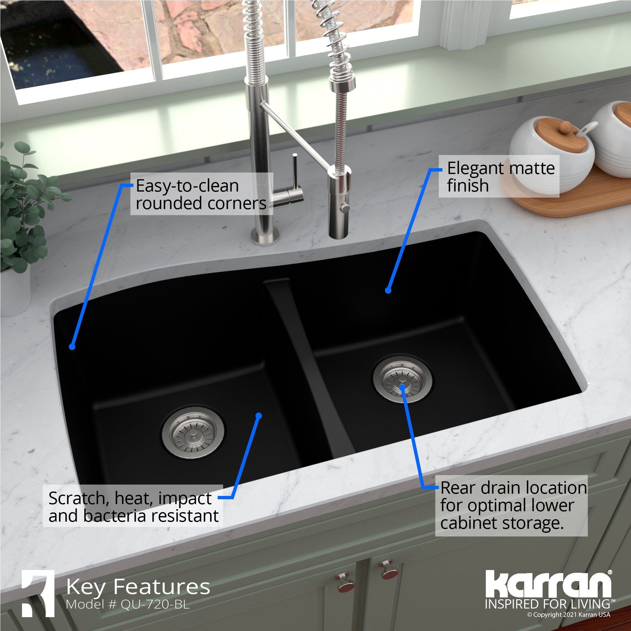 Karran 34" Undermount Quartz Composite Kitchen Sink with Accessories, 50/50 Double Bowl, Black, QU-720-BL-PK1