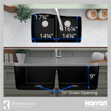 Karran 34" Undermount Quartz Composite Kitchen Sink with Accessories, 50/50 Double Bowl, Black, QU-720-BL-PK1