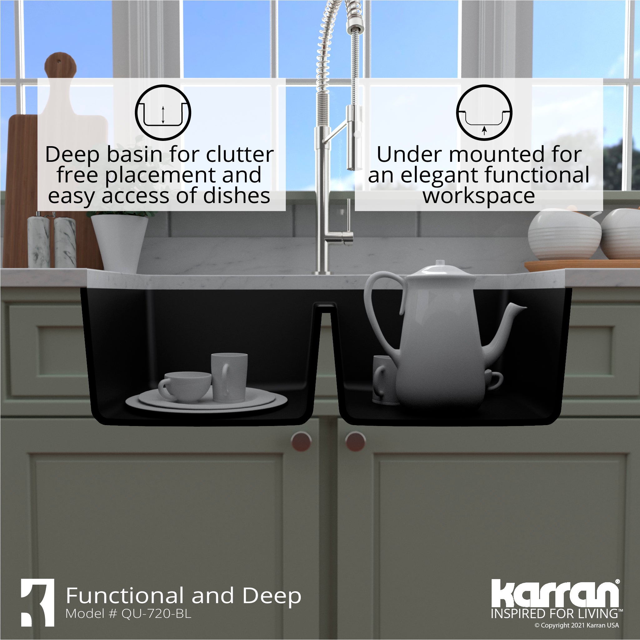 Karran 34" Undermount Quartz Composite Kitchen Sink with Accessories, 50/50 Double Bowl, Black, QU-720-BL-PK1