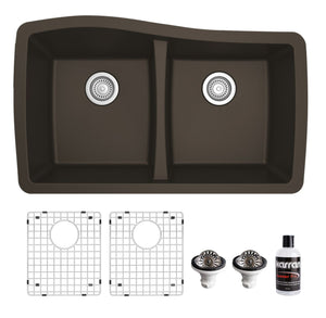 Alternate Image for Karran 34" Undermount Quartz Composite Kitchen Sink with Accessories, 50/50 Double Bowl, Brown, QU-720-BR-PK1