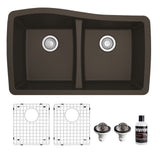 Karran 34" Undermount Quartz Composite Kitchen Sink with Accessories, 50/50 Double Bowl, Brown, QU-720-BR-PK1