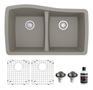 Alternate Image for Karran 34" Undermount Quartz Composite Kitchen Sink with Accessories, 50/50 Double Bowl, Concrete, QU-720-CN-PK1