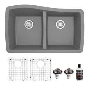 Alternate Image for Karran 34" Undermount Quartz Composite Kitchen Sink with Accessories, 50/50 Double Bowl, Grey, QU-720-GR-PK1