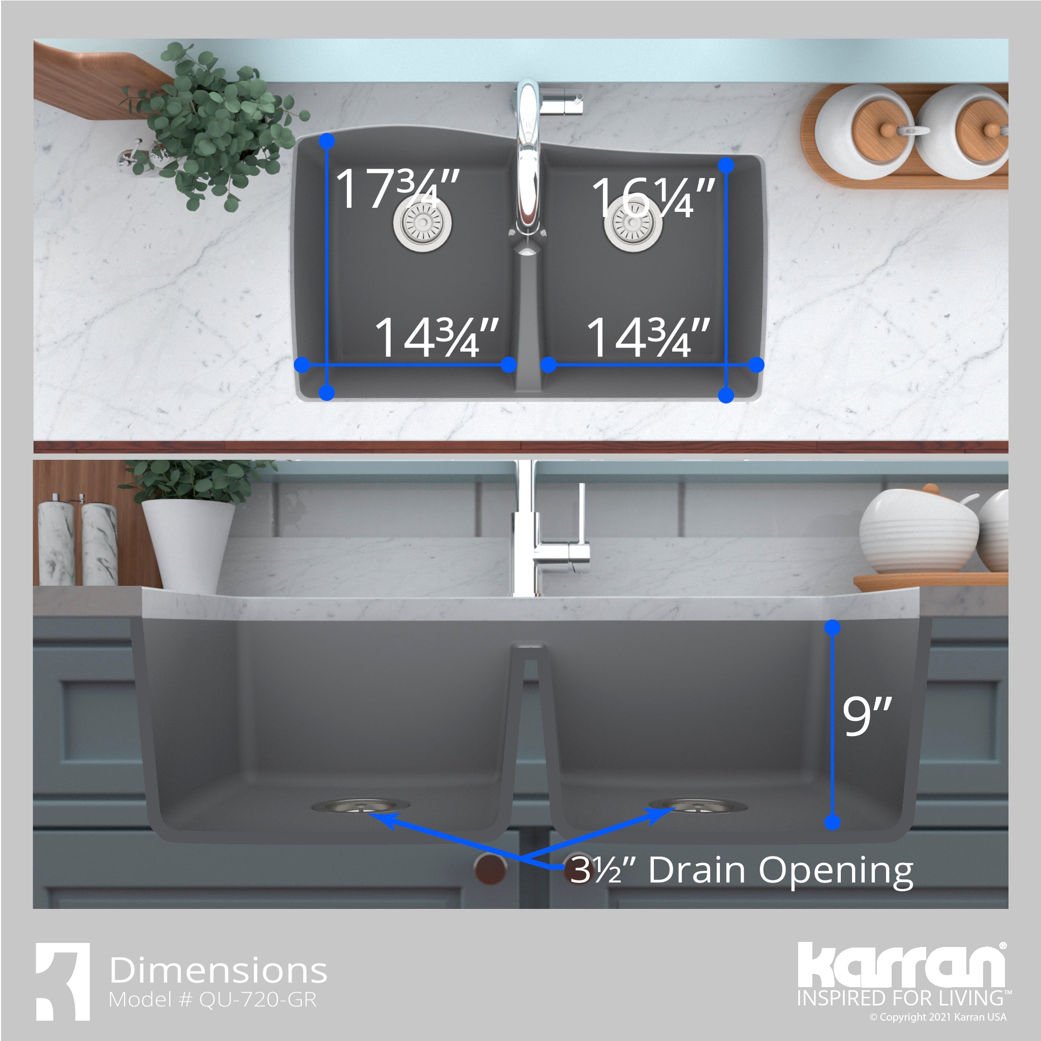 Karran 34" Undermount Quartz Composite Kitchen Sink with Accessories, 50/50 Double Bowl, Grey, QU-720-GR-PK1