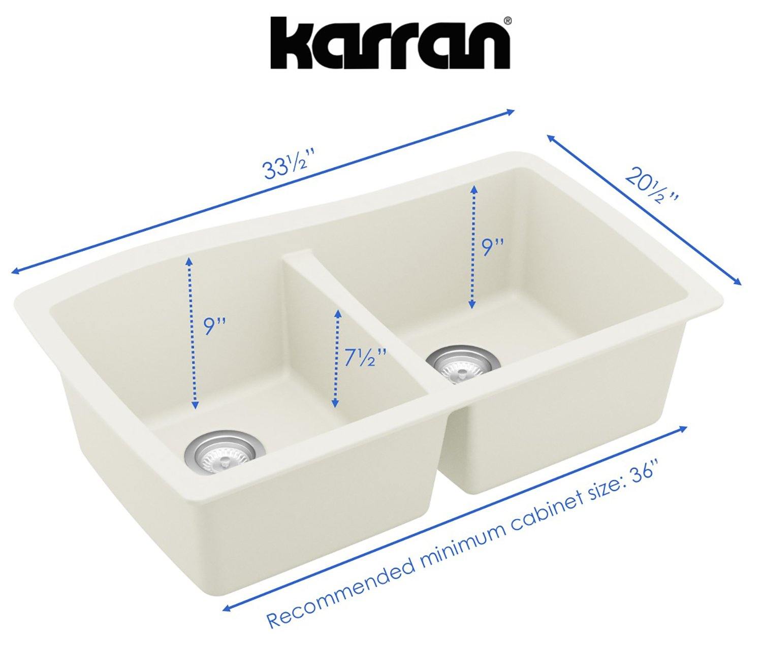 Karran 34" Undermount Quartz Composite Kitchen Sink, 50/50 Double Bowl, White, QU-720-WH