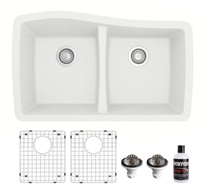 Alternate Image for Karran 34" Undermount Quartz Composite Kitchen Sink with Accessories, 50/50 Double Bowl, White, QU-720-WH-PK1
