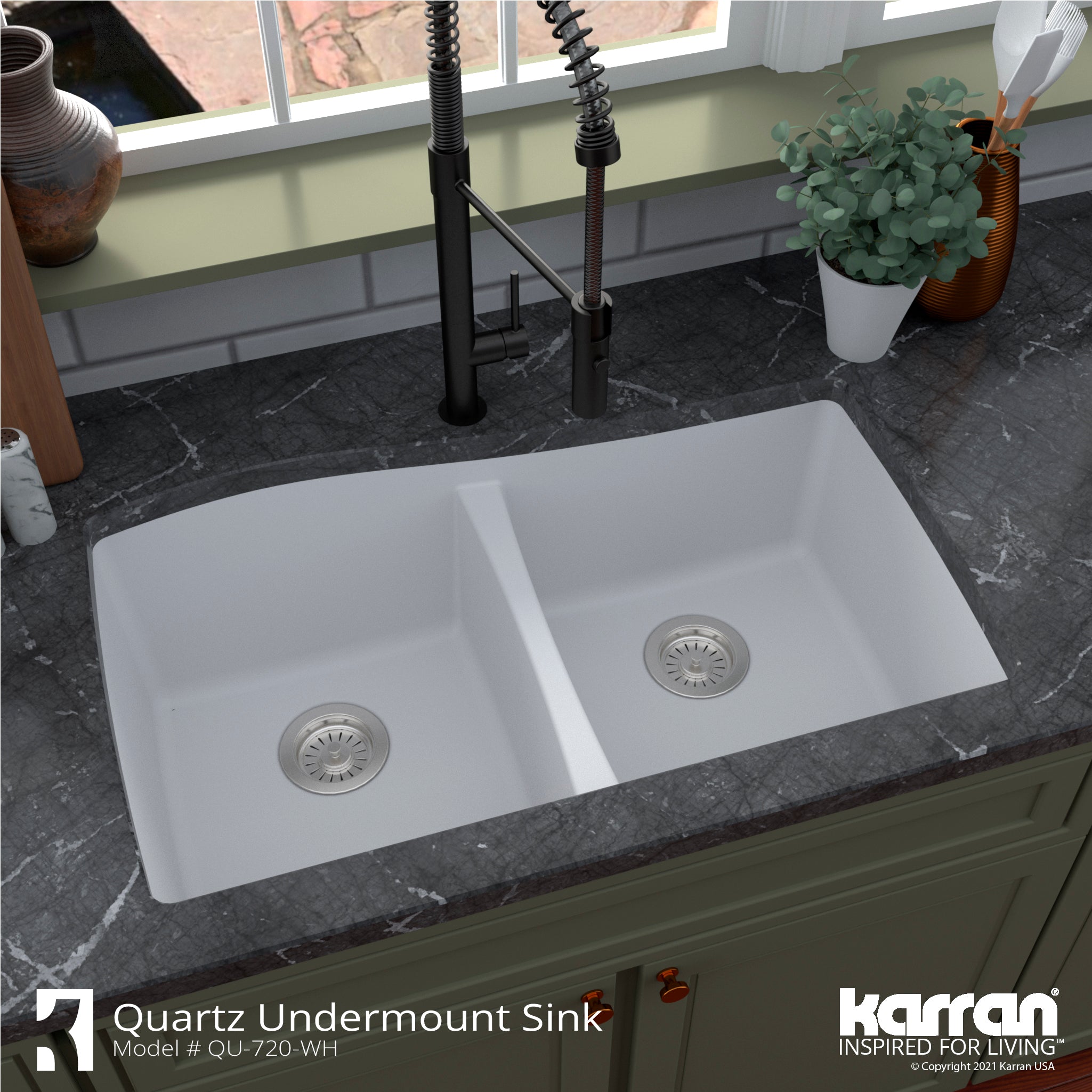 Karran 34" Undermount Quartz Composite Kitchen Sink with Accessories, 50/50 Double Bowl, White, QU-720-WH-PK1