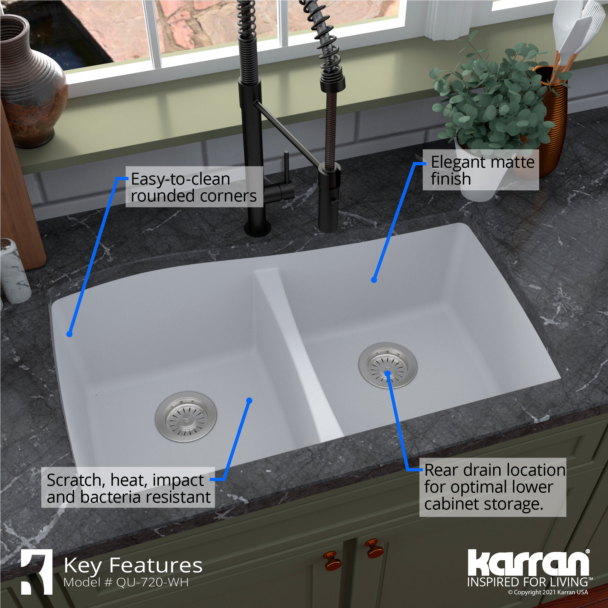 Karran 34" Undermount Quartz Composite Kitchen Sink with Accessories, 50/50 Double Bowl, White, QU-720-WH-PK1