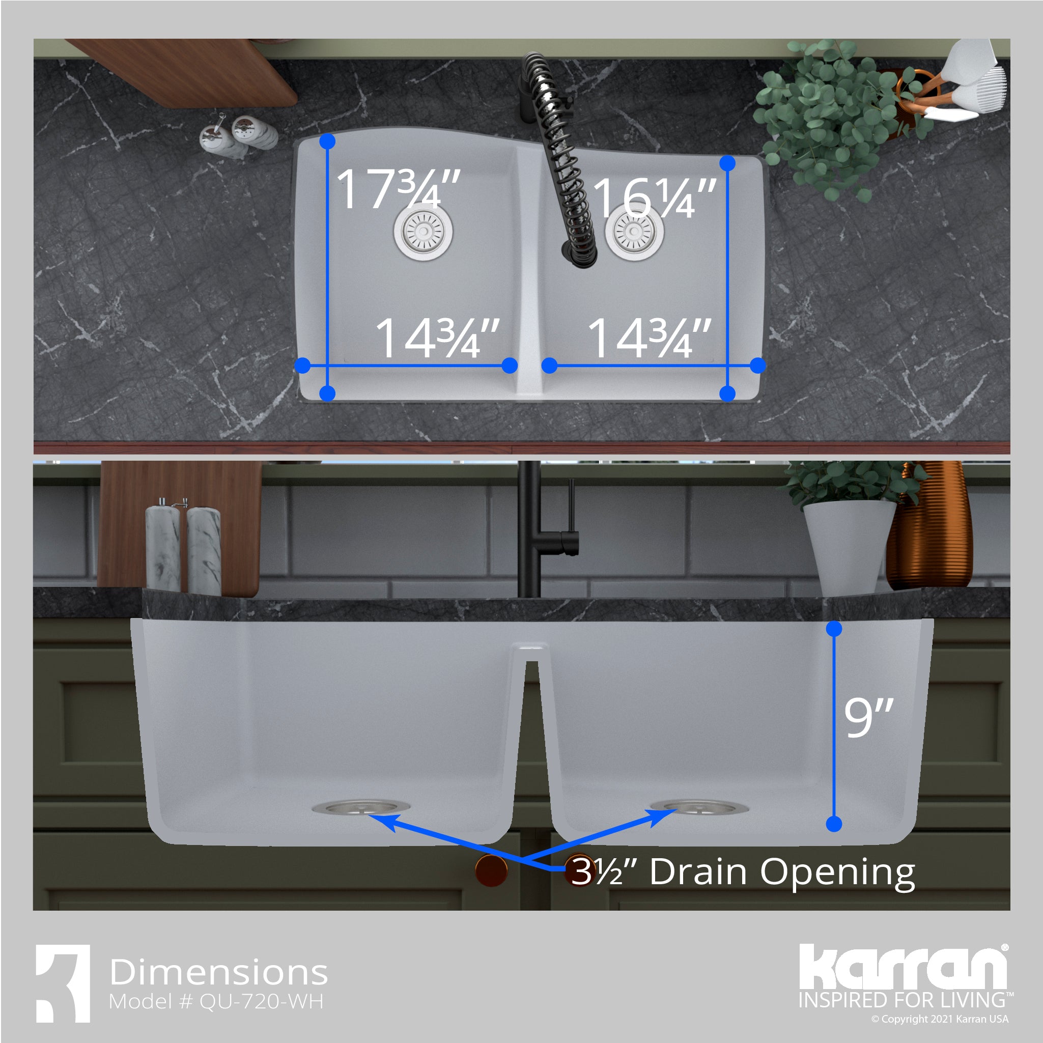 Karran 34" Undermount Quartz Composite Kitchen Sink with Accessories, 50/50 Double Bowl, White, QU-720-WH-PK1