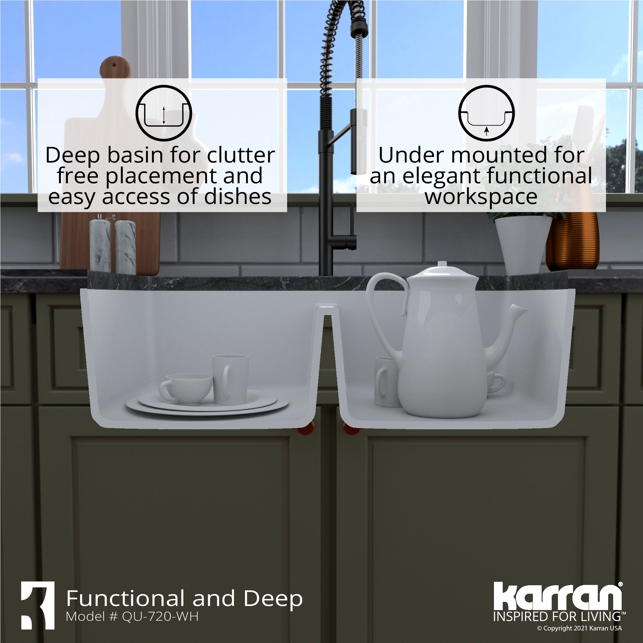 Karran 34" Undermount Quartz Composite Kitchen Sink with Accessories, 50/50 Double Bowl, White, QU-720-WH-PK1