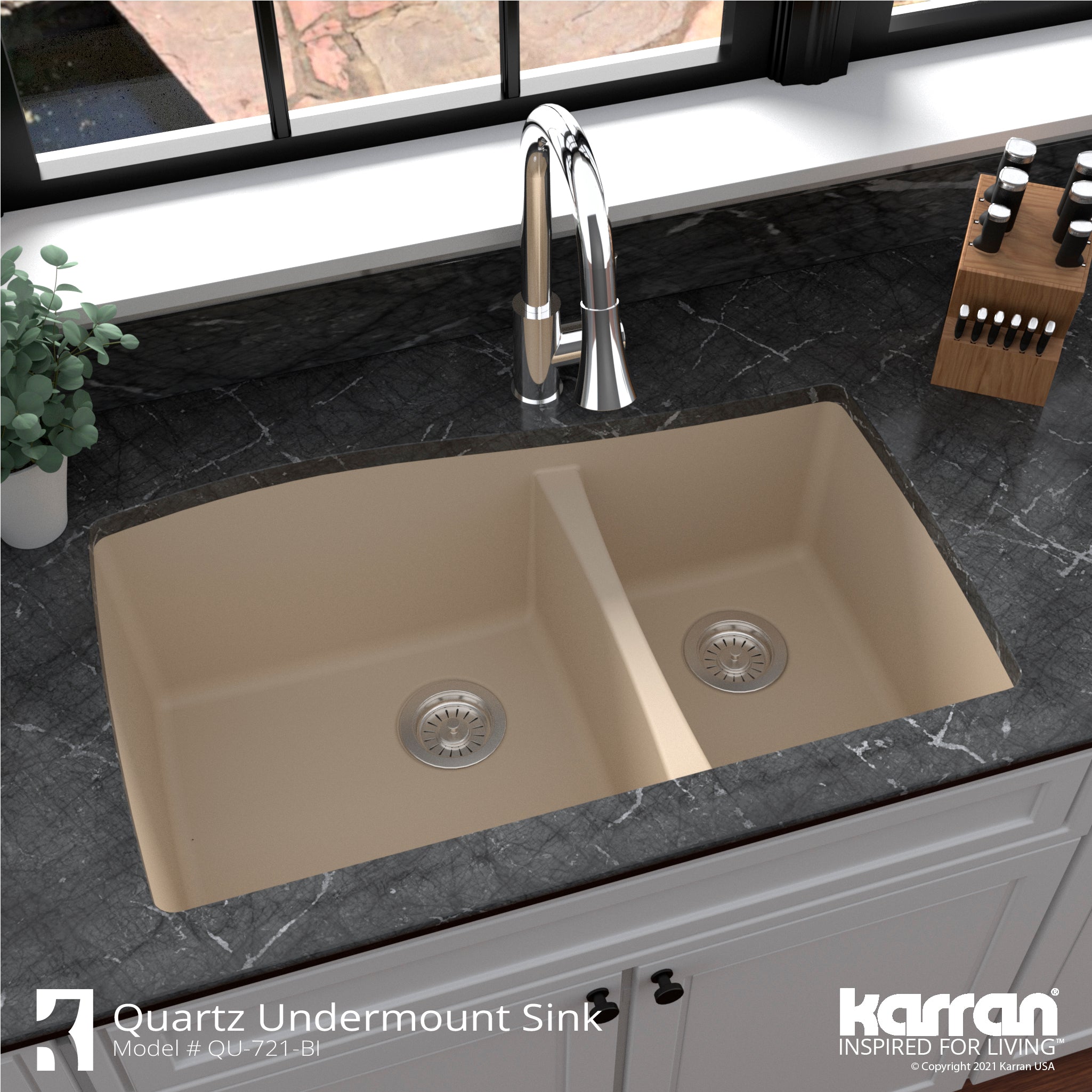Karran 34" Undermount Quartz Composite Kitchen Sink with Accessories, 60/40 Double Bowl, Bisque, QU-721-BI-PK1