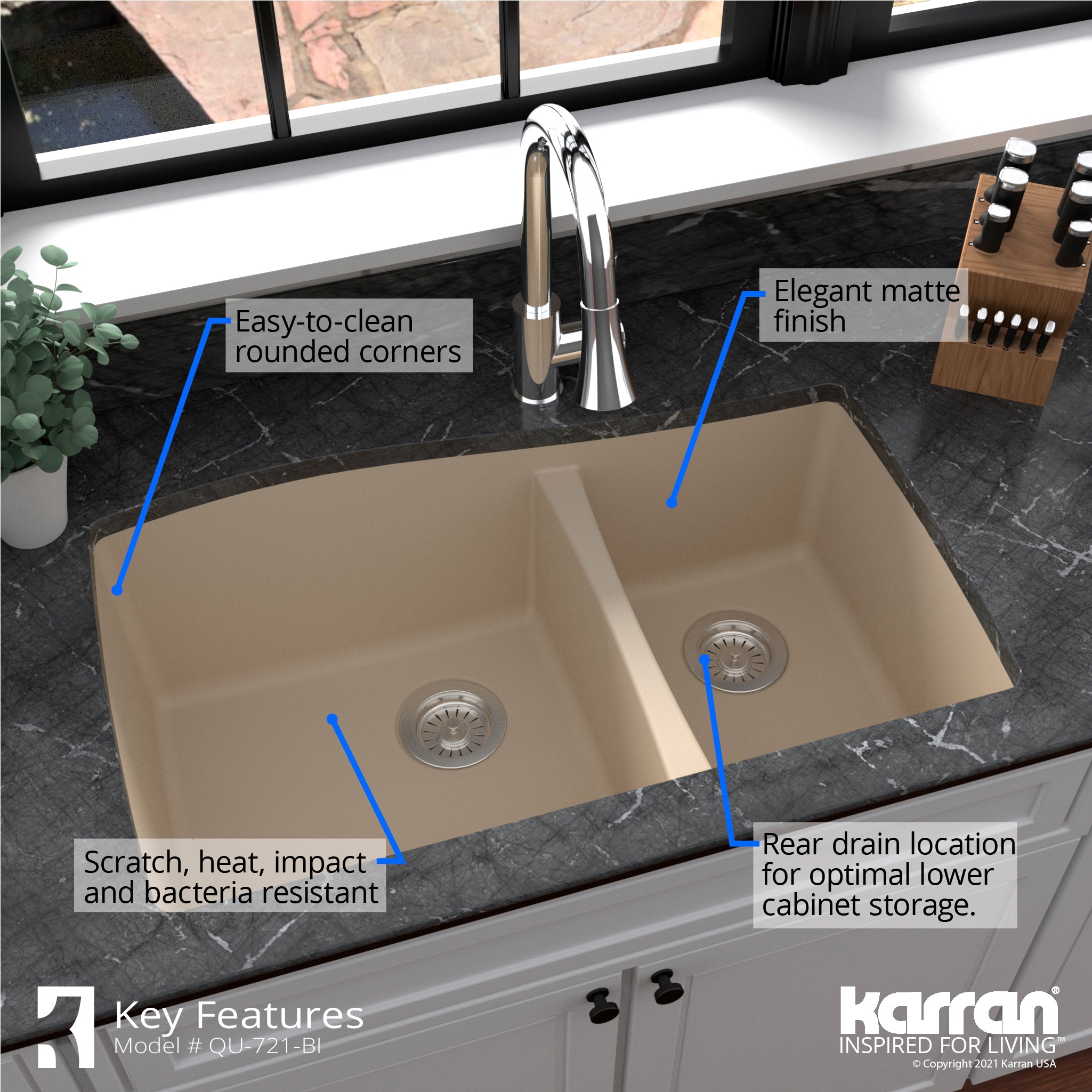 Karran 34" Undermount Quartz Composite Kitchen Sink with Accessories, 60/40 Double Bowl, Bisque, QU-721-BI-PK1