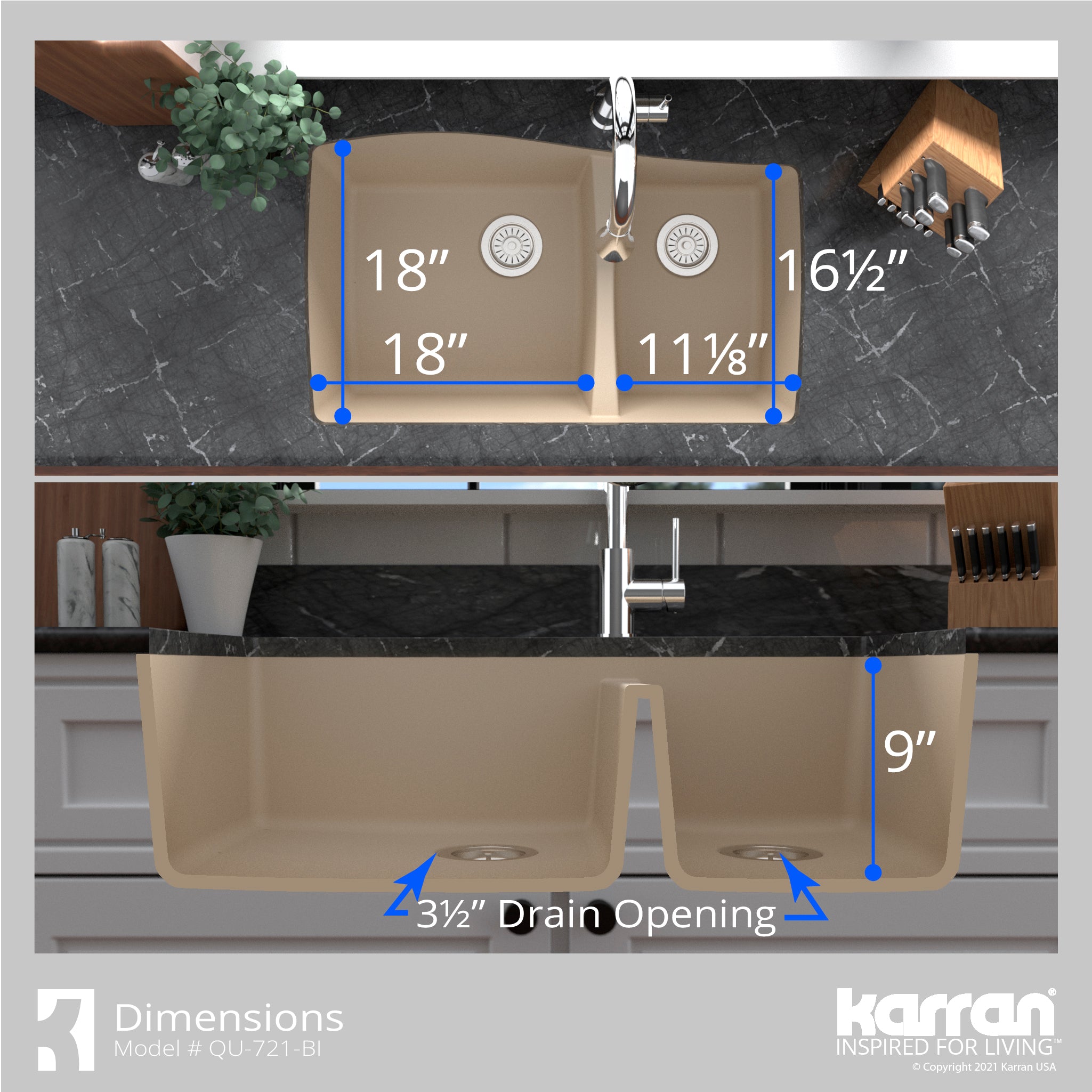 Karran 34" Undermount Quartz Composite Kitchen Sink with Accessories, 60/40 Double Bowl, Bisque, QU-721-BI-PK1