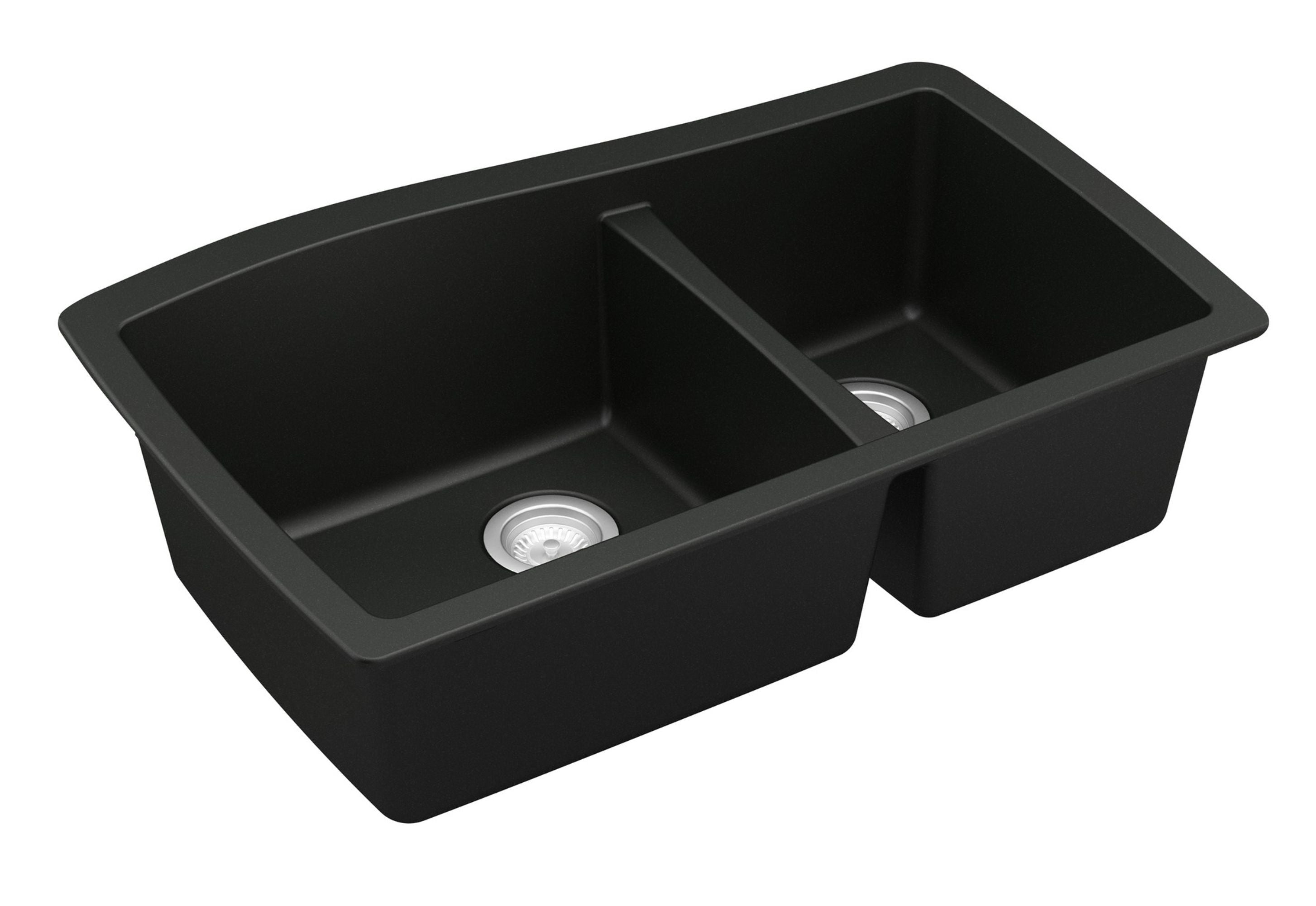 Karran 34" Undermount Quartz Composite Kitchen Sink with Accessories, 60/40 Double Bowl, Black, QU-721-BL-PK1