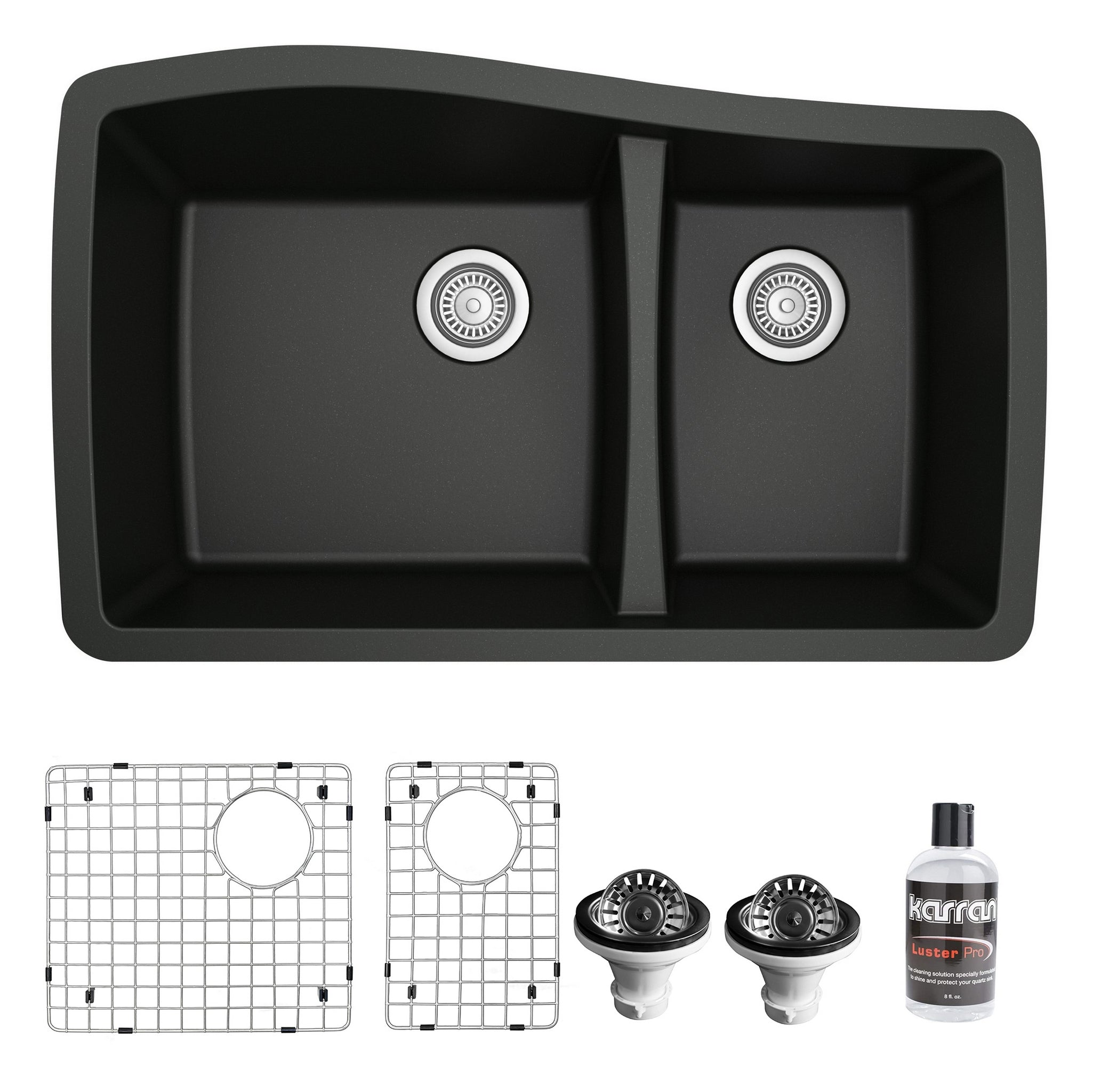 Karran 34" Undermount Quartz Composite Kitchen Sink with Accessories, 60/40 Double Bowl, Black, QU-721-BL-PK1