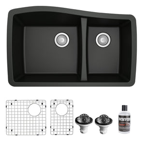 Alternate Image for Karran 34" Undermount Quartz Composite Kitchen Sink with Accessories, 60/40 Double Bowl, Black, QU-721-BL-PK1