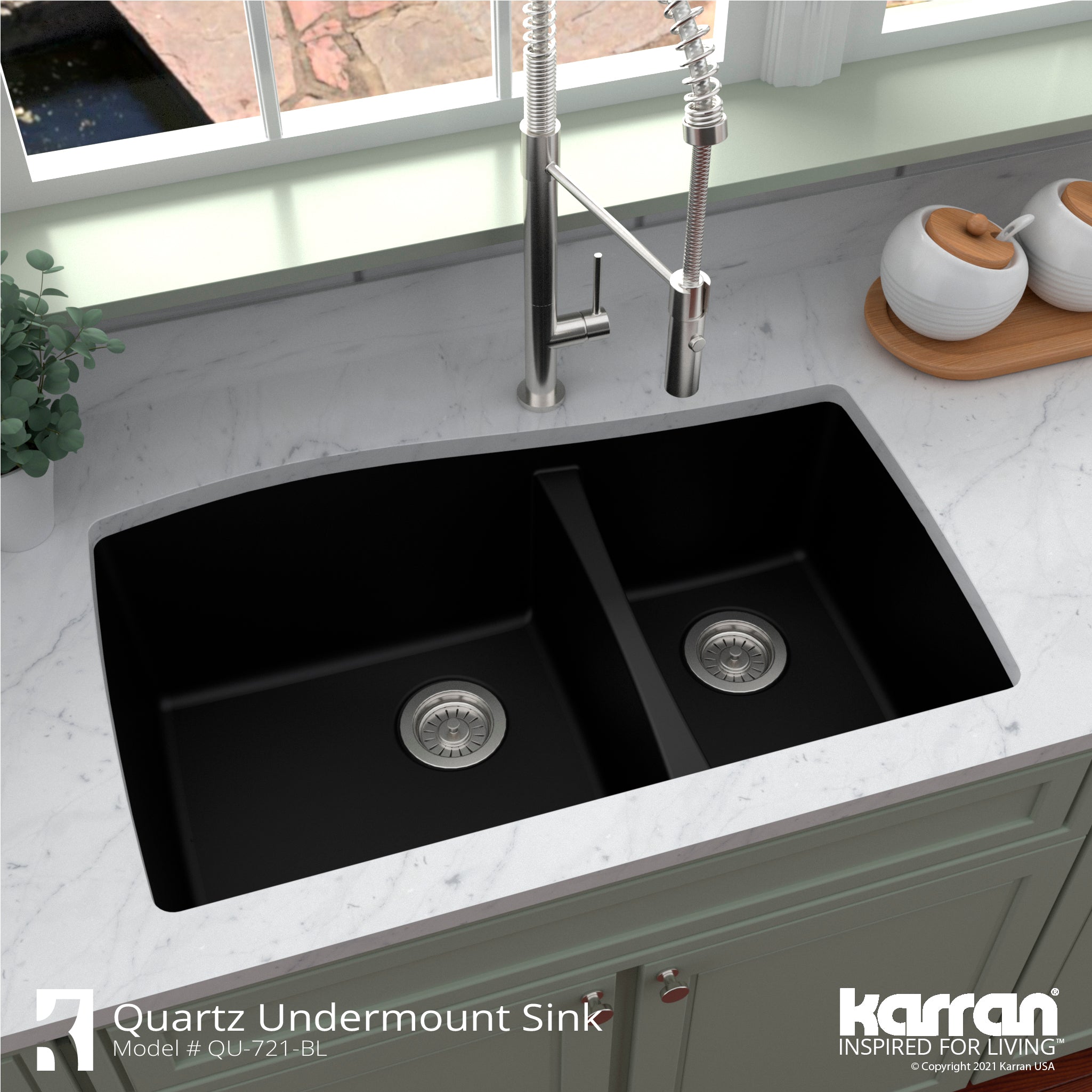 Karran 34" Undermount Quartz Composite Kitchen Sink with Accessories, 60/40 Double Bowl, Black, QU-721-BL-PK1