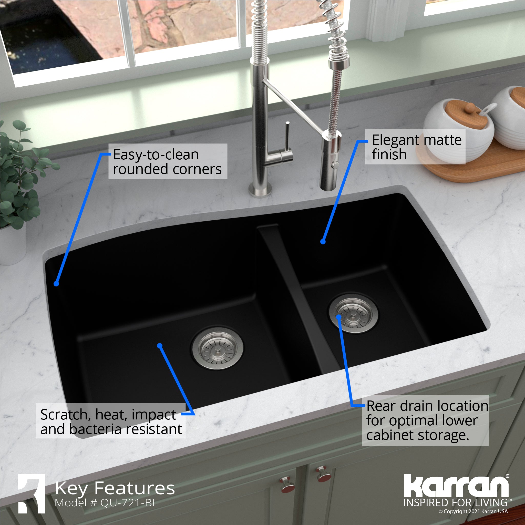 Karran 34" Undermount Quartz Composite Kitchen Sink with Accessories, 60/40 Double Bowl, Black, QU-721-BL-PK1