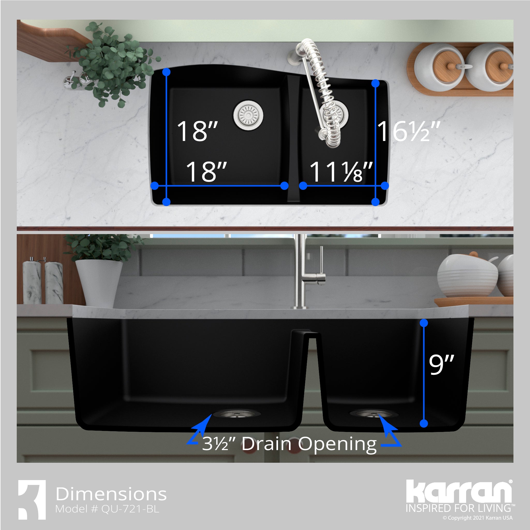 Karran 34" Undermount Quartz Composite Kitchen Sink with Accessories, 60/40 Double Bowl, Black, QU-721-BL-PK1