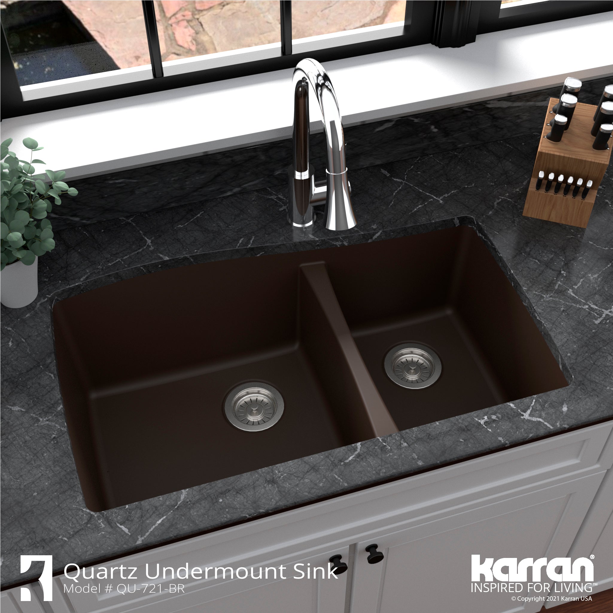 Karran 34" Undermount Quartz Composite Kitchen Sink with Accessories, 60/40 Double Bowl, Brown, QU-721-BR-PK1