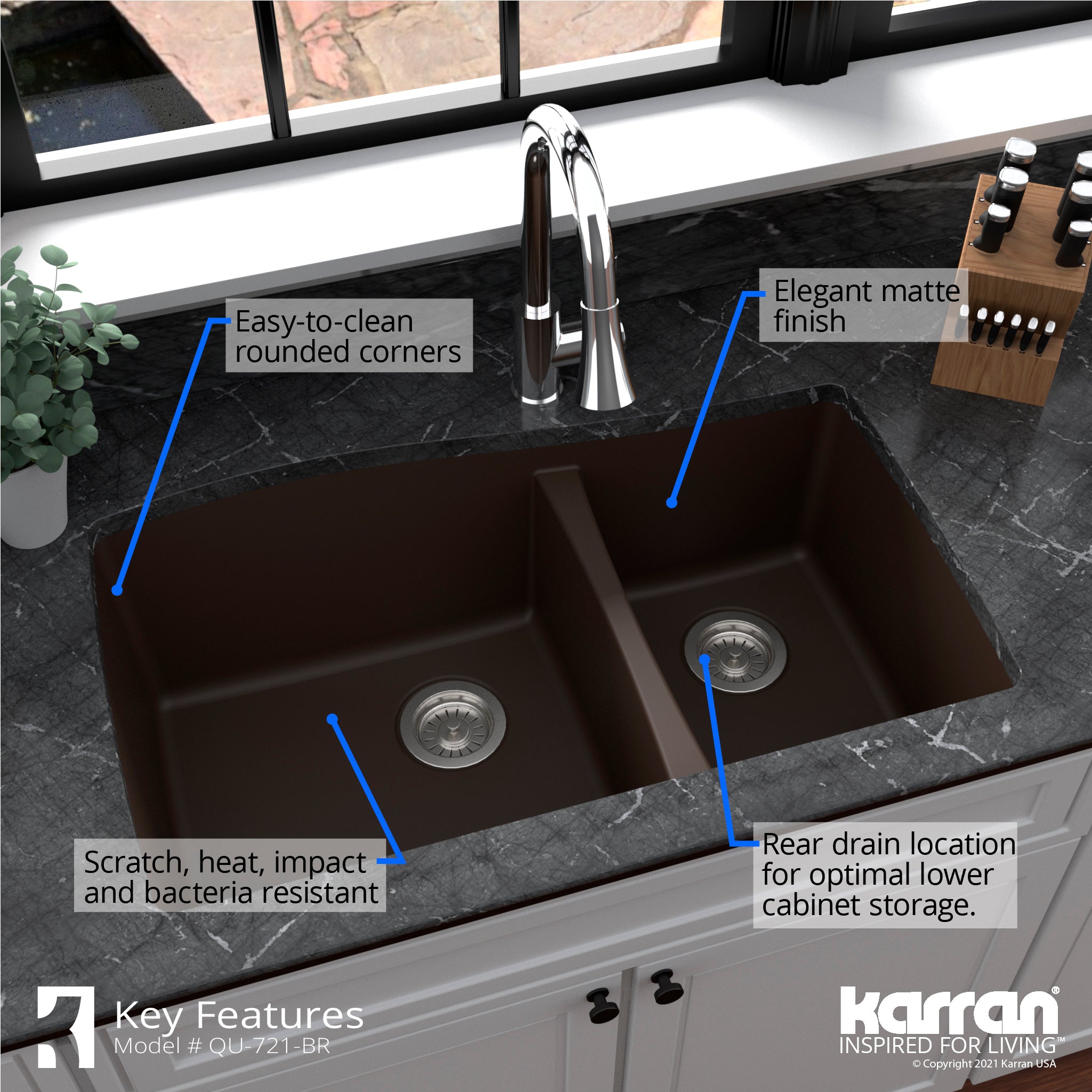 Karran 34" Undermount Quartz Composite Kitchen Sink with Accessories, 60/40 Double Bowl, Brown, QU-721-BR-PK1