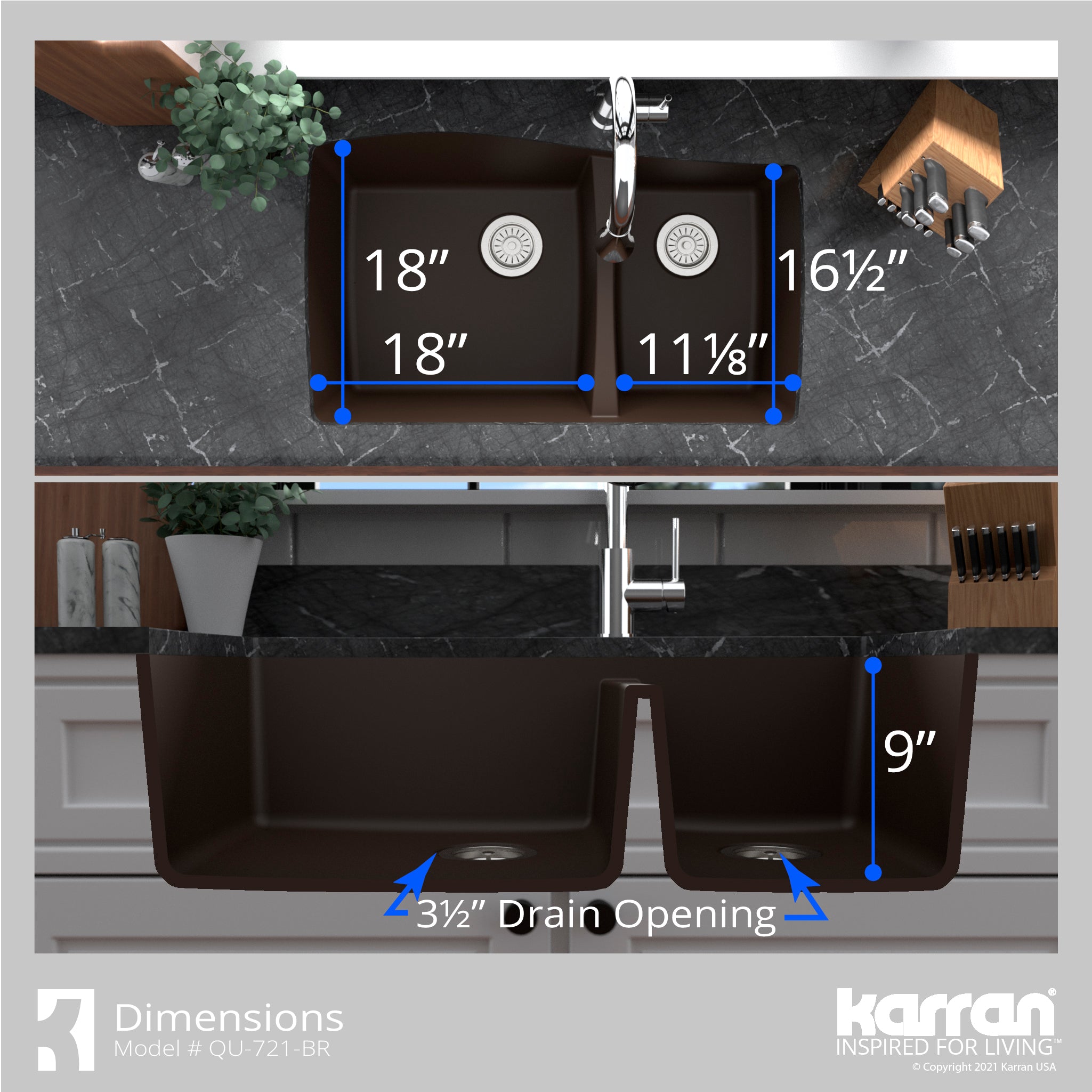 Karran 34" Undermount Quartz Composite Kitchen Sink with Accessories, 60/40 Double Bowl, Brown, QU-721-BR-PK1