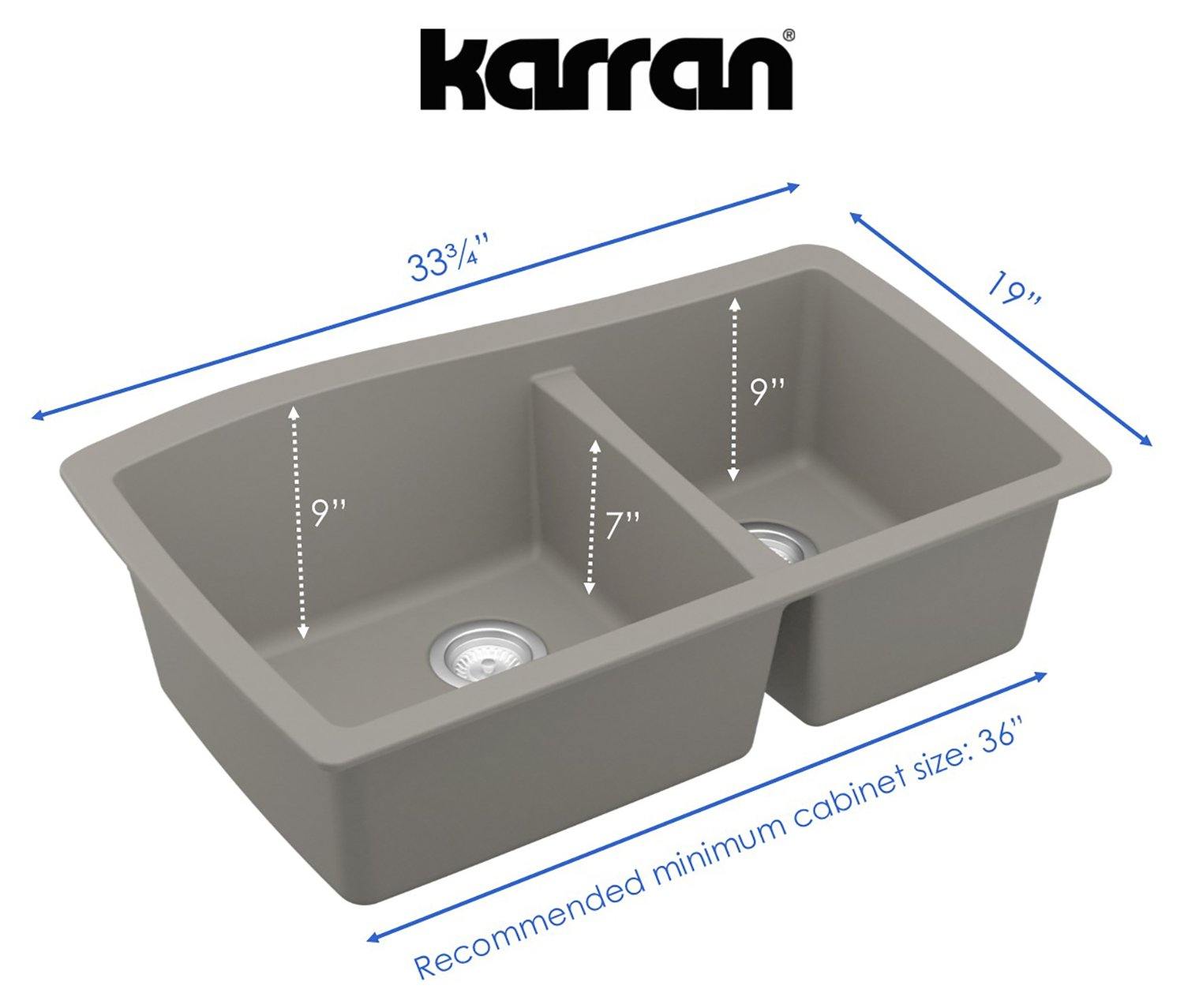 Karran 34" Undermount Quartz Composite Kitchen Sink, 60/40 Double Bowl, Concrete, QU-721-CN