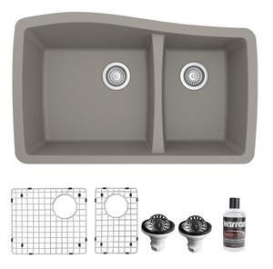 Alternate Image for Karran 34" Undermount Quartz Composite Kitchen Sink with Accessories, 60/40 Double Bowl, Concrete, QU-721-CN-PK1