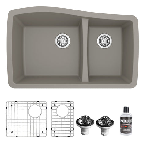 Karran 34" Undermount Quartz Composite Kitchen Sink with Accessories, 60/40 Double Bowl, Concrete, QU-721-CN-PK1