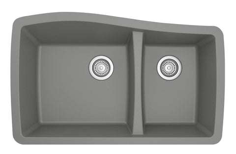 Karran 34" Undermount Quartz Composite Kitchen Sink, 60/40 Double Bowl, Grey, QU-721-GR