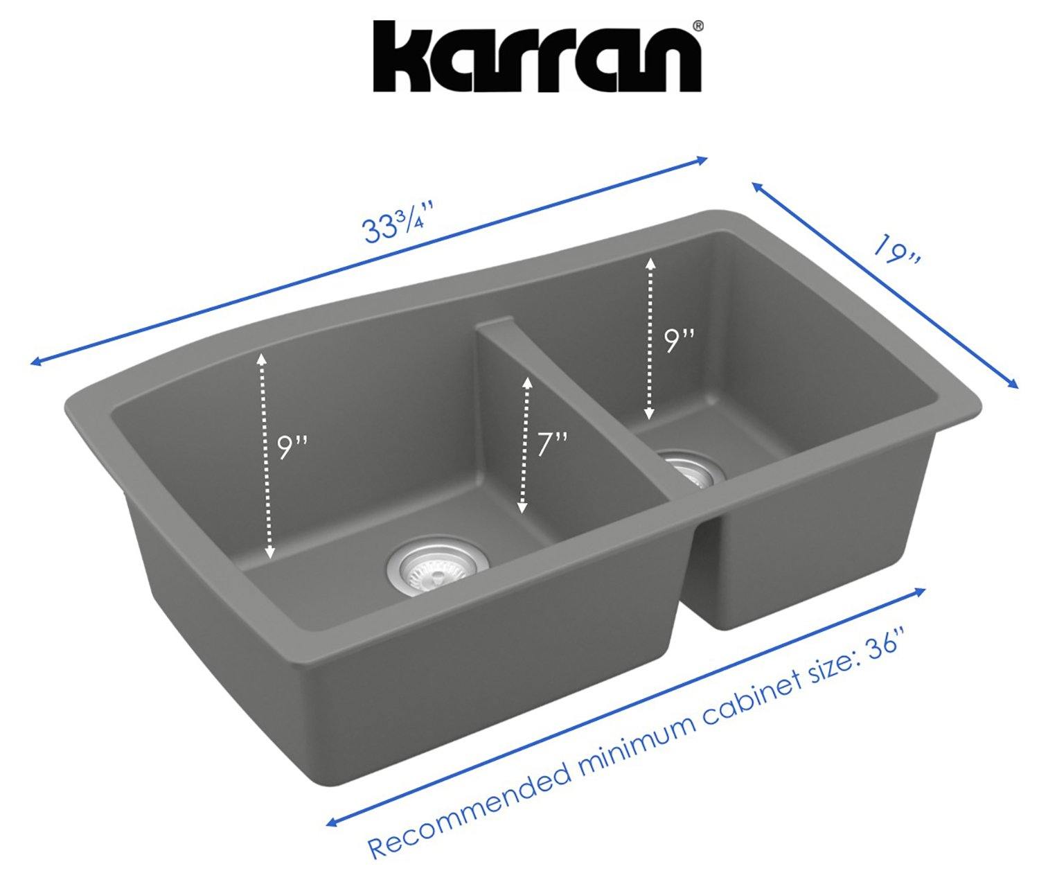 Karran 34" Undermount Quartz Composite Kitchen Sink, 60/40 Double Bowl, Grey, QU-721-GR