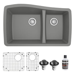 Alternate Image for Karran 34" Undermount Quartz Composite Kitchen Sink with Accessories, 60/40 Double Bowl, Grey, QU-721-GR-PK1