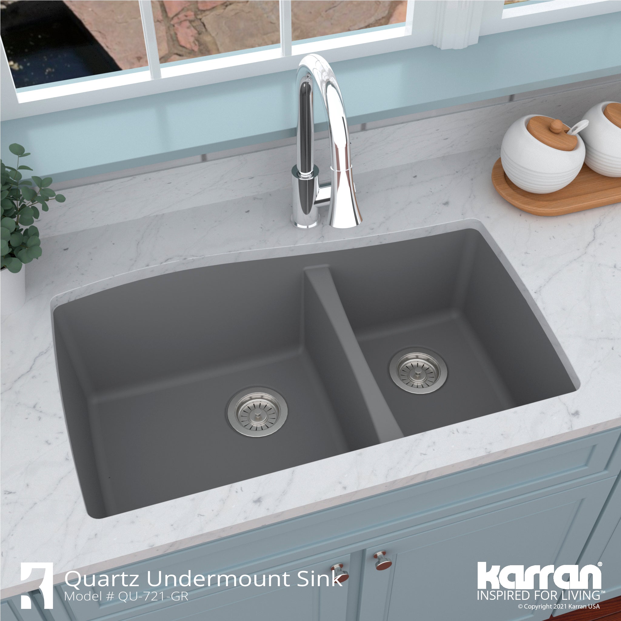 Karran 34" Undermount Quartz Composite Kitchen Sink with Accessories, 60/40 Double Bowl, Grey, QU-721-GR-PK1