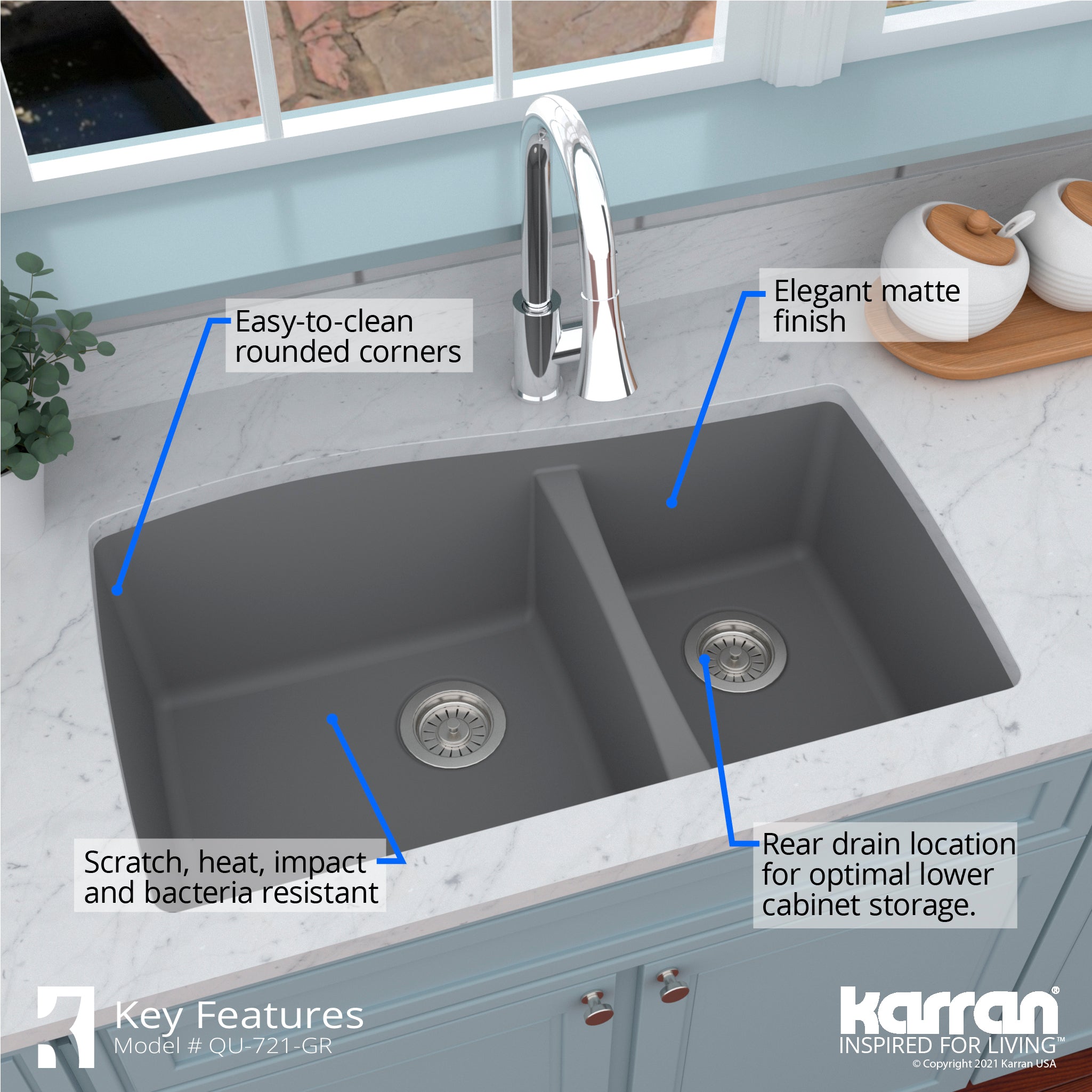 Karran 34" Undermount Quartz Composite Kitchen Sink with Accessories, 60/40 Double Bowl, Grey, QU-721-GR-PK1