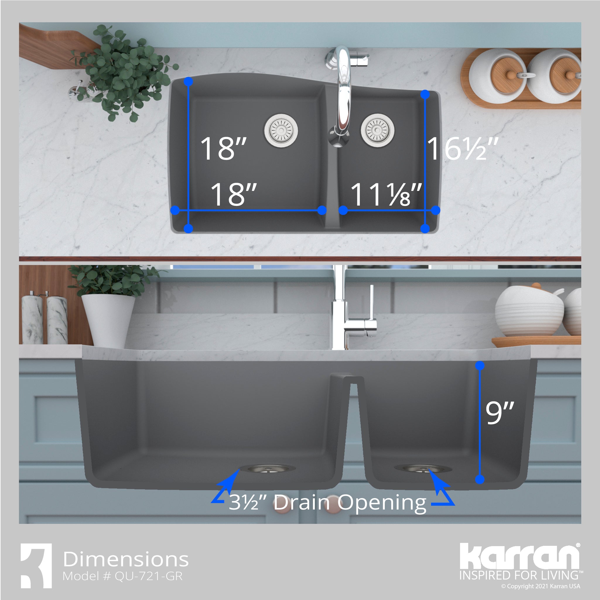 Karran 34" Undermount Quartz Composite Kitchen Sink with Accessories, 60/40 Double Bowl, Grey, QU-721-GR-PK1