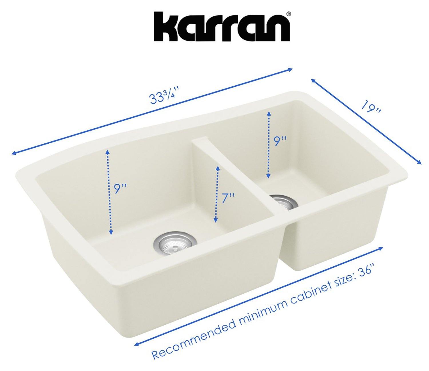 Karran 34" Undermount Quartz Composite Kitchen Sink, 60/40 Double Bowl, White, QU-721-WH